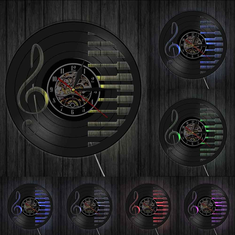 Music Notes Vinyl Record Wall Clock Piano Party Wall Art Decor Clocks Watch Treble Clef Symbols Musical Silhouette Home Wall Art: With Led