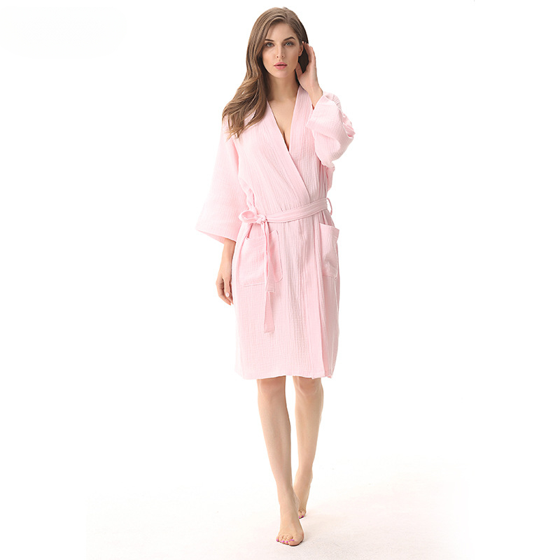 Effen kleur dunne badjas katoen dubbellaags gewassen gaas heren en dames Yukata kimono stijl dames nachtjapon: L / Roze