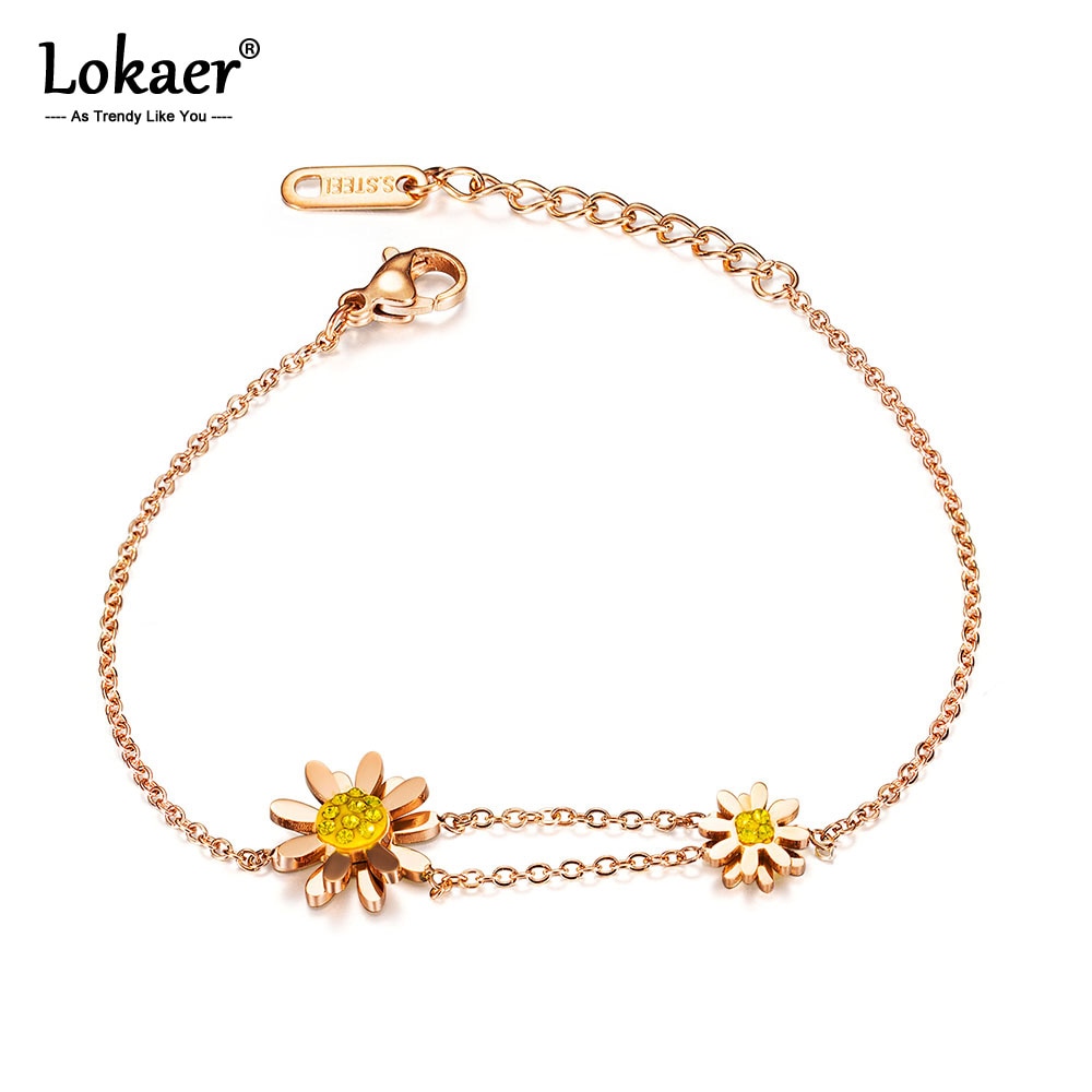 Lokaer Stainless Steel CZ Crystal Sun Flower Daisy Charm Bracelets Bohemia Link & Chain Bracelet For Women Girls B17089