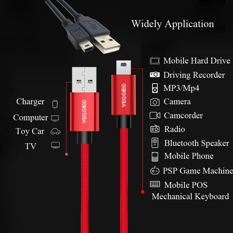 Mini USB Data Cable for Mp3 Hard-Disk Camera Car Recorder T-Port USB2.0 Charging Line for Digital Devices