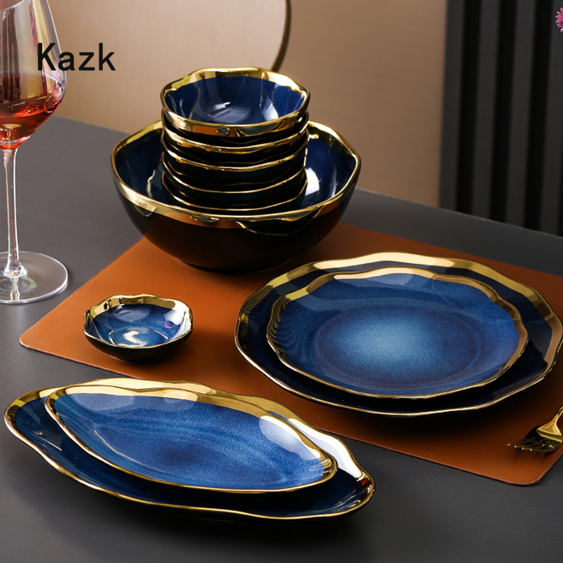 Nordic Blue Glaze Ceramic Dinner Plates and Bowls Irregular Phnom Penh Steak Plate Dessert Snack Dishes Home Tableware