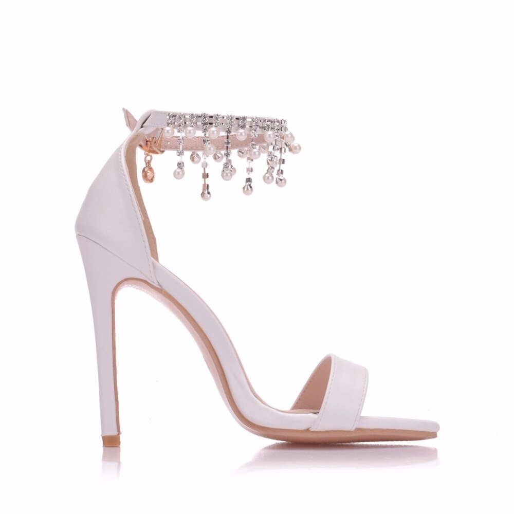 Sandalias de tacón de cristal para mujer, zapatos elegantes de boda, tacón alto, borlas con perlas, plataforma de cadena, , color blanco