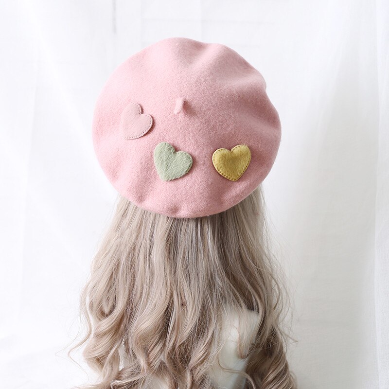 Boina bonita Kawaii Little love para niñas, gorros morados de Lolita dulce, boina de fieltro de lana hecha a mano para mujeres,: Castaño