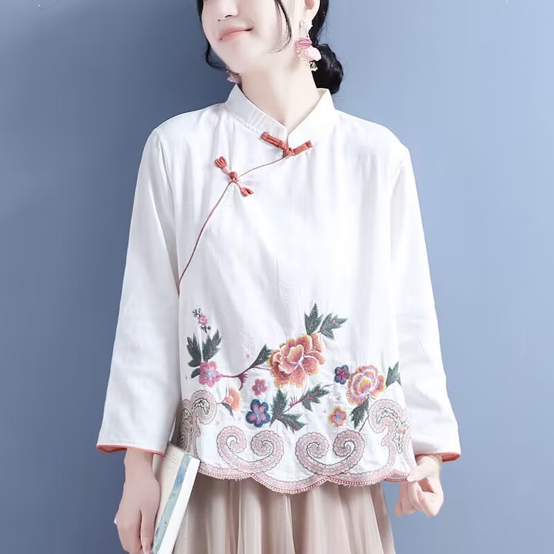 Chinesischen Stil Bestickt Baumwolle Leinen Shirts Frühling Sommer Retro Zugeknöpft Lange ärmeln Stand-up Kragen Kleidung Lose Tops: XL / Blau