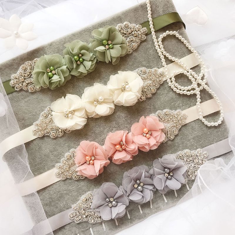fajín de Tres flores para mujer, pretina de cuentas de estrás, fajín nupcial, fajín para boda, vestido ceñido en la cintura, cinturón, 12 colores