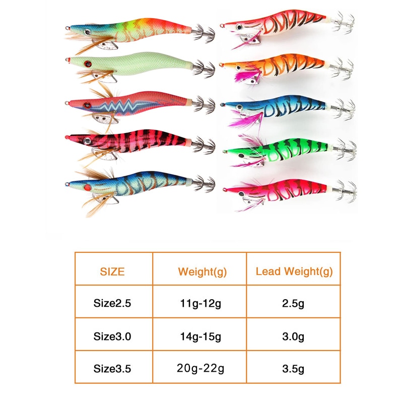Appât artificiel pour la pêche, leurre pour attraper des poissons tels que des calamars, des crevettes, des gabarits, des poulpes, avec yeux 3D, lumineux, , 10 unités, 12g – 21g