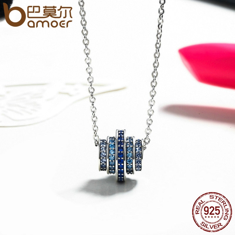 BAMOER Authentic 100% 925 Sterling Silver Gradual Change Round Wheel Blue Melody Pendant Necklaces for Women Fine Jewelry