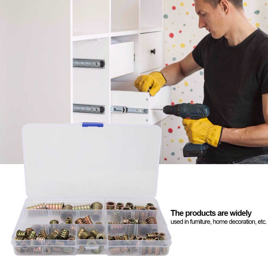 100pcs/Kit Iron Zinc Thread For Wood Insert Nut Hex Drive Furniture Nuts Hex Socket Drive Insert Nuts Threaded Wood Insert Nut