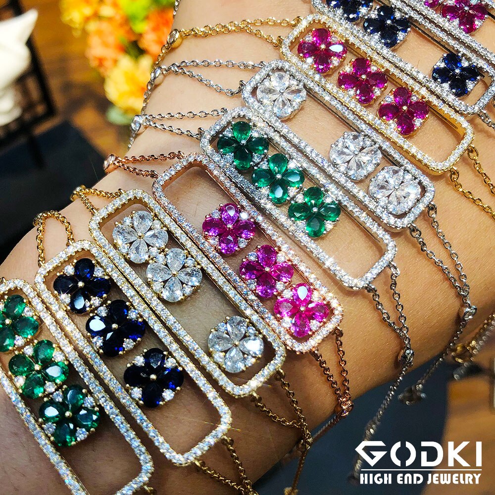 Godki Luxe Bloem Slide Cubaanse Link Armbanden Armbanden Zirconia Cz Bohemian Manchet Armbanden Voor Vrouwen Femme Mode-sieraden