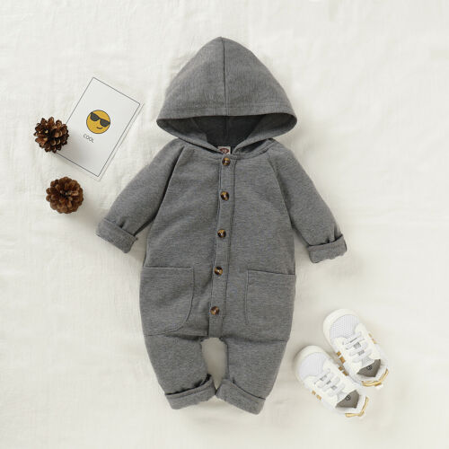 Cotton Newborn Baby Rompers Boys Girls Soft Autumn Winter Warm Hooded Playsuit Casual Baby Outfit Clothes: Gray / 24M
