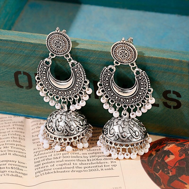 Ethnic Silver Color Gypsy Indian Earrings For Women Boho Jewelry Beads Bell Tassel Jhumka Earrings Ladies Retro Earrings