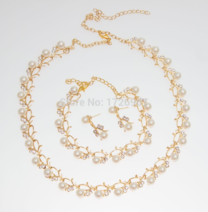 O envio gratuito de 2022 clássico imitação pérola ouro/prata banhado a cristal claro festa presente moda traje pérola conjuntos jóias: gold