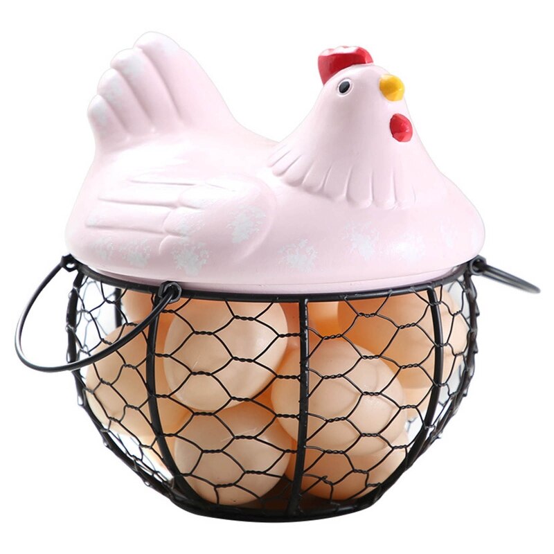 Egg Holder Iron Chicken Shape Ceramic Hen Ornament Fruit Storage Basket Durable: Pink