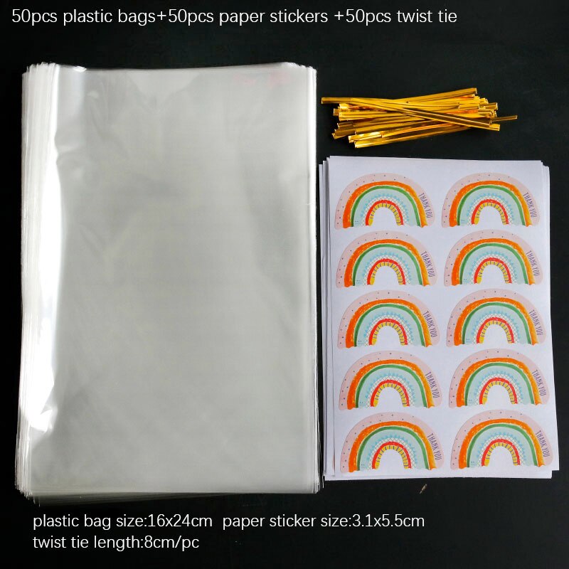 50Sets 100Sets Transparant Clear Plastic Zak Snoep Cookie Brood Toast Cellofaan Zak Met Afdichting Twistties Regenboog Sticker: 16x24cm 50sets