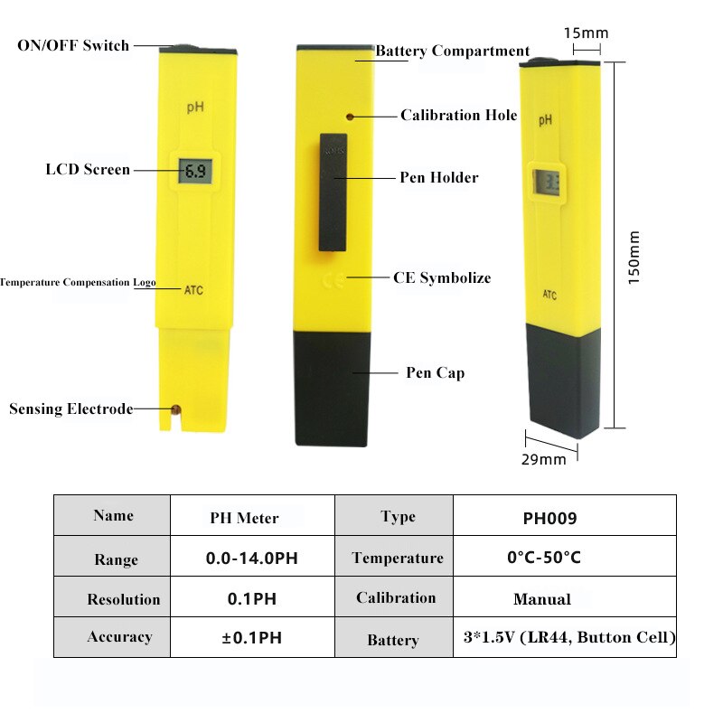 PH Meter Digital PH Tester Pen 0-14 PH PH Cheker 0.01 High Accuracy for Household Drinking Pool and Aquarium