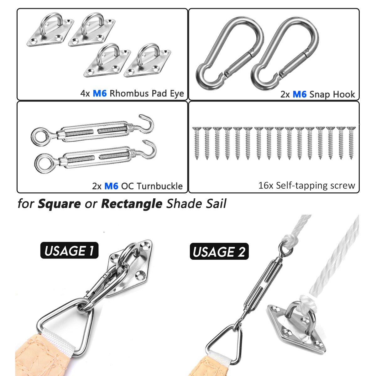 16Pcs Fitting Kits for Rectangle or Square Shade Sail Accessories Pad Eye Turnbuckle Snap Hook Screw