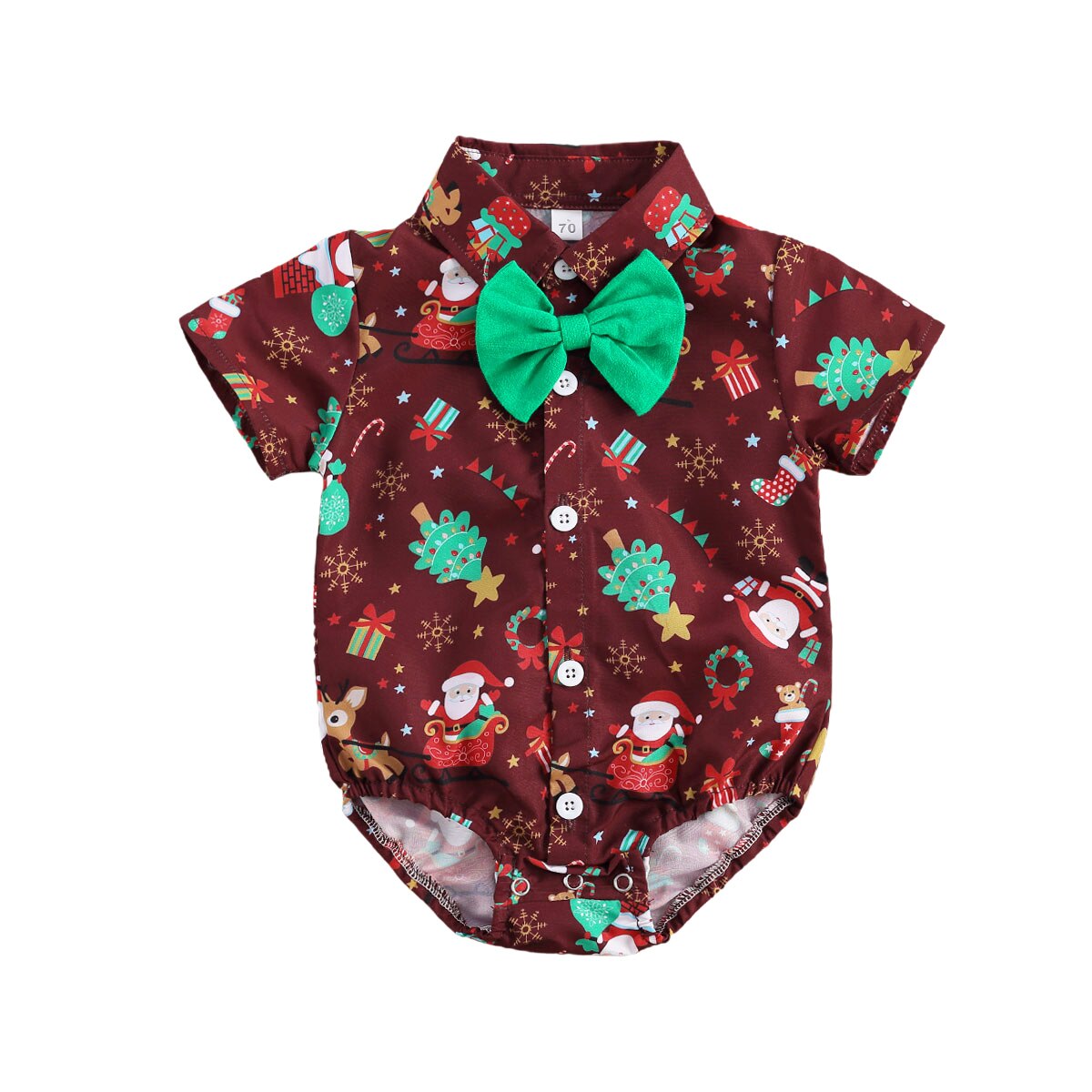 Emmababy Newborn Baby Boy Clothes Christmas Short Sleeve Bow-tie Cartoon Pattern Romper One-Piece Outfit Cotton Clothes: Red / 12M