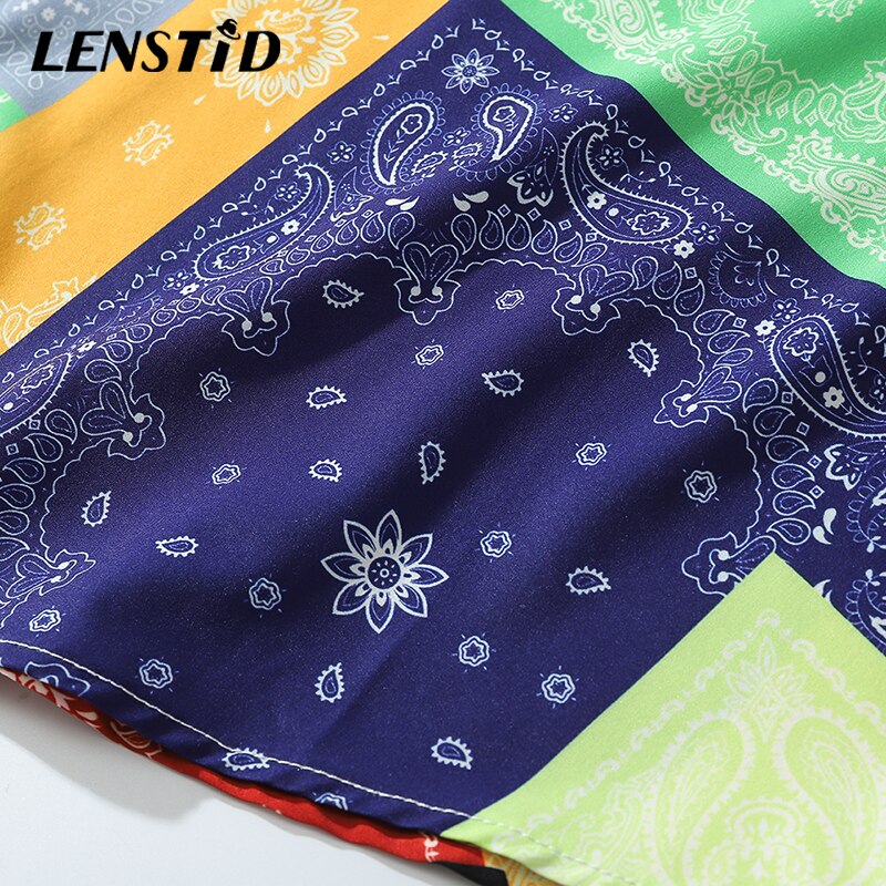 LENSTID Mens Hip Hop Hawaiian Beach Shirt Bandana Color Block Print Harajuku Streetwear Autumn Long Sleeve Oversize Shirts