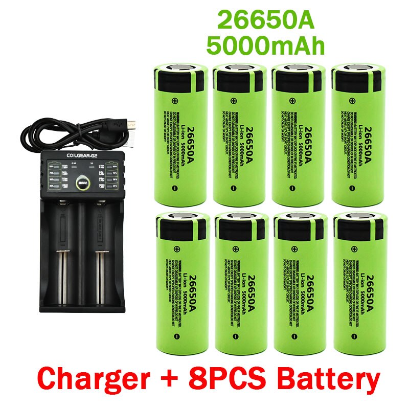 100%  originale 26650 batterier 5000 mah 3.7v 50a lithium ion oppladbare batterier for 26650a led lommelykter+lader: Grønn