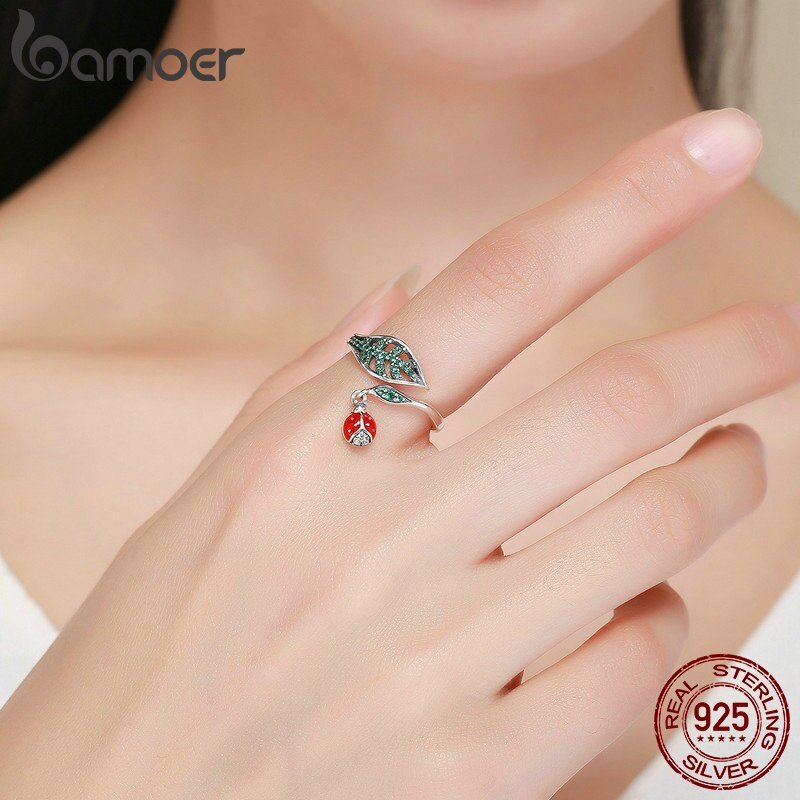 Bamoer 925 Sterling Zilveren Rusten Lieveheersbeestje Dangle In Boom Bladeren Vinger Ringen Voor Vrouwen Sterling Zilveren Sieraden SCR310