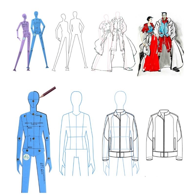 Mode patchwork Liniaal Set Kleding Menselijk Lichaam Tekening Sjabloon mannen en vrouwen Figuur Template Combinatie Boord