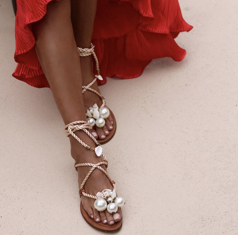 Sandalias con cordones cruzados de verano a la para mujer, sandalias con perlas, Sandalias planas para mujer, vestidos de en la playa, zapatos con perlas, Sandalias planas romanas