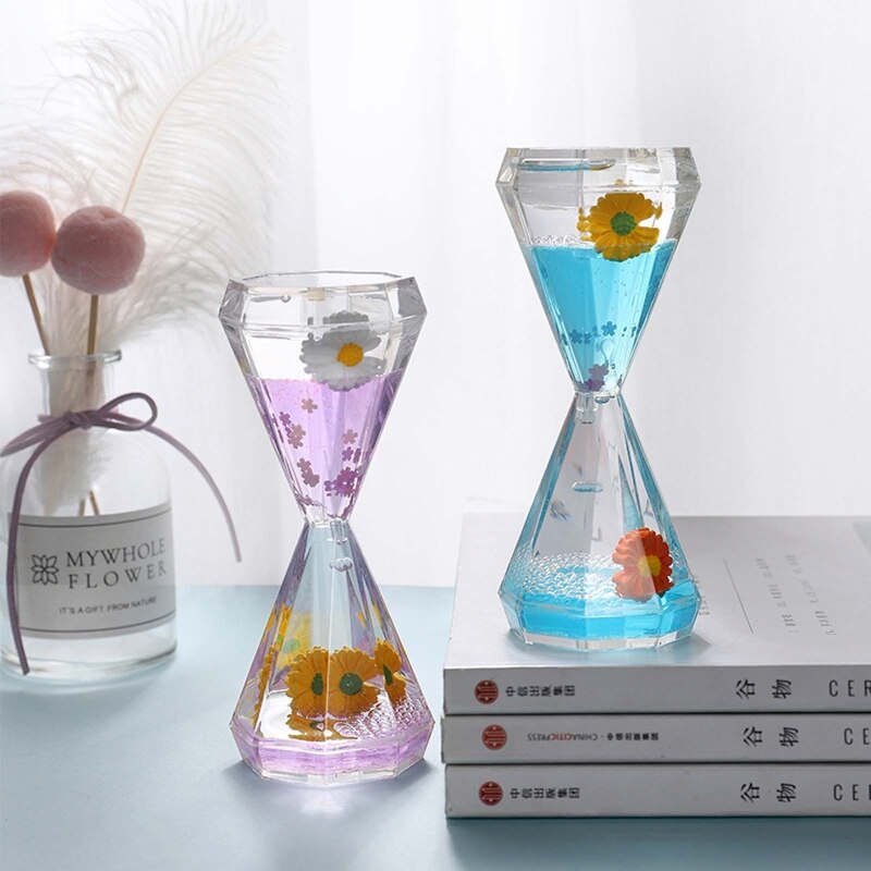 Diamond Shaped Liquid Motion Bubbler Timer Daisy Floating Oil Hourglass for Sensory Fidget Calm Relaxing Desk Toys Home Ornament