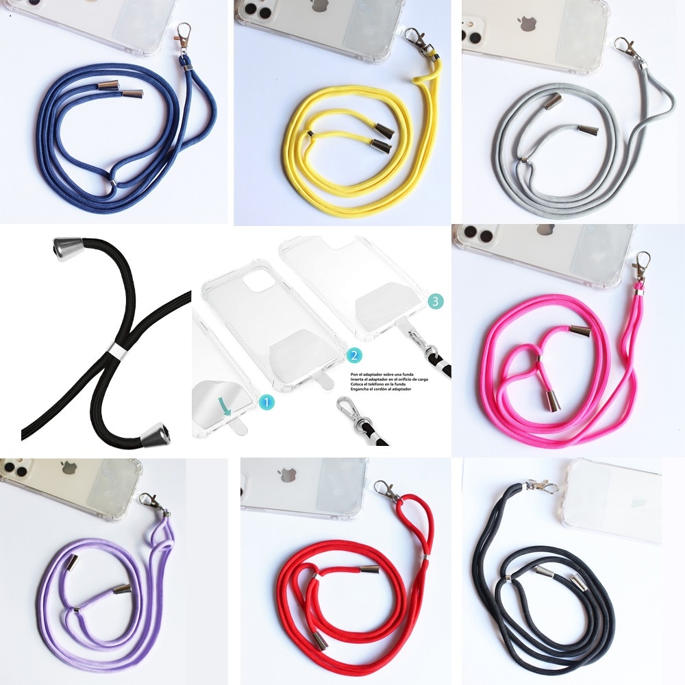 Cordon pour coque de téléphone portable + adaptateur universel, ruban de suspension pour accrocher, jaune, rouge, noir, gris, lilas, bleu