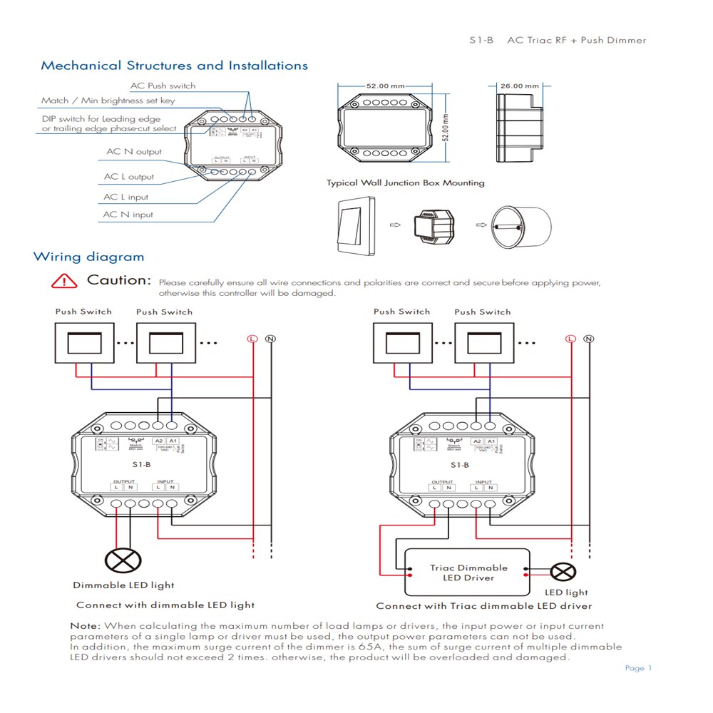 S1 S1-B R1 Triac Dimmer Controller Push-Dim AC100-240V 1 Channel Single Color 150-480W RF 10 keys Wireless Remote