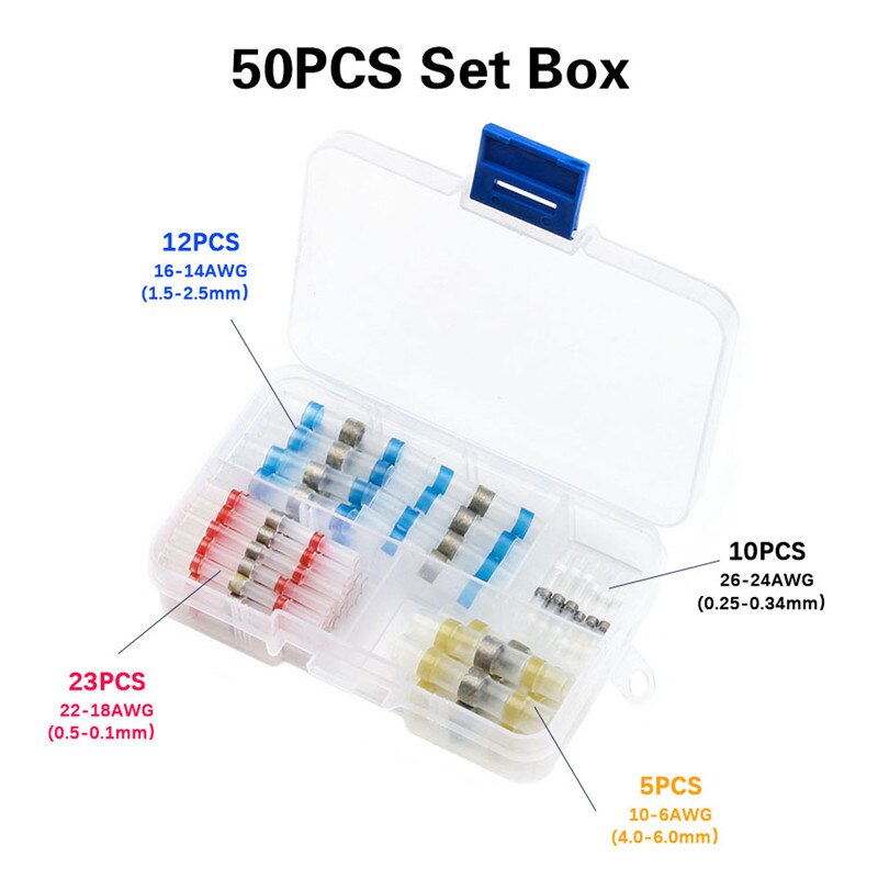 100/75/50Pcs Electrical Wire Connectors Insulated Solder Sleeve Tube Heat Shrink Sorder Terminal Waterproof Butt Connectors Kit: 50PCS with box
