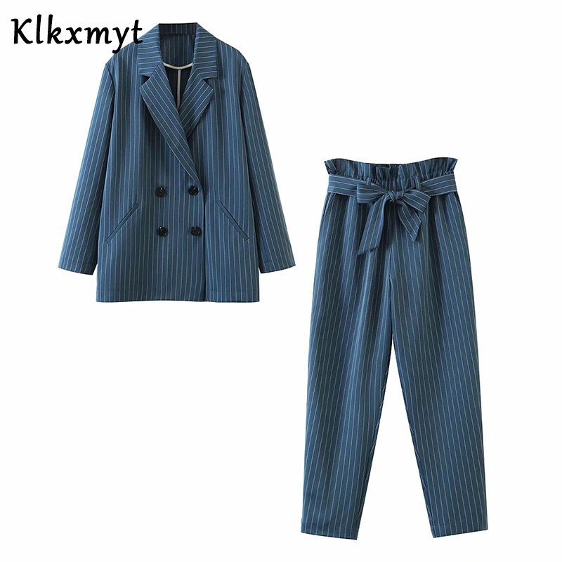 Klkxmyt-ensemble 2 pièces pour femme, bureau anglais, à rayures, solides et simples, à double boutonnage, hauts et pantalons