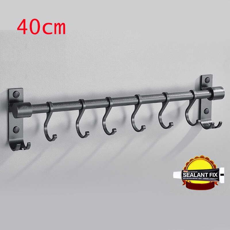 Kitchen Utensil Hook Rack Aluminum Wall Mounted Pantry Tool Holder Black Bathroom Sundry Hook Hanging Rod Shelf Organizer: 40cm
