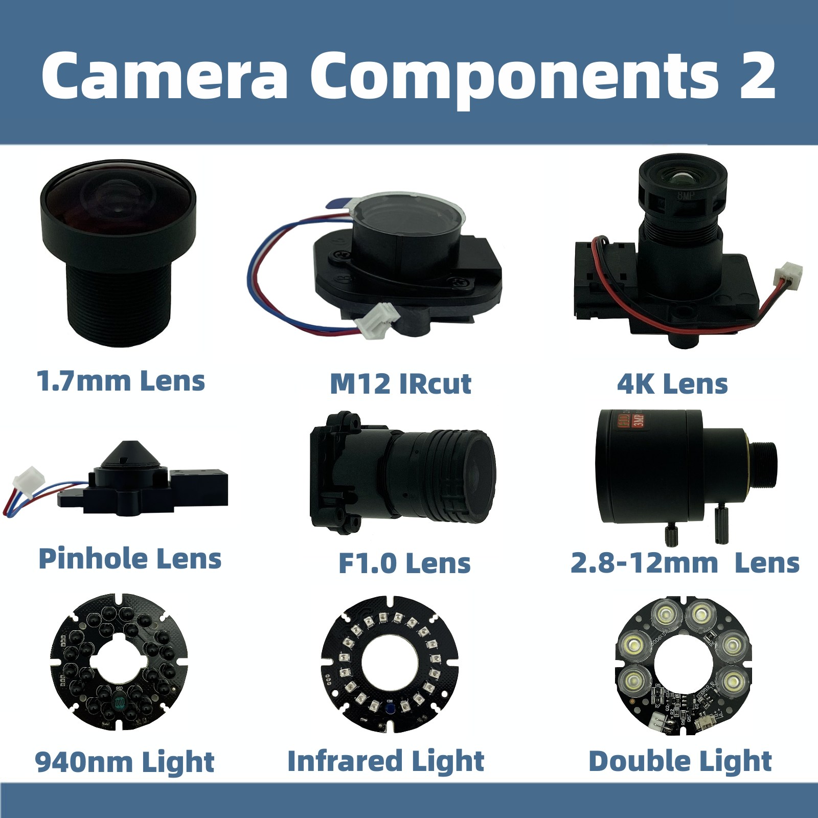 Componentes de cámara 5MP 4K M12 lente F1.0 todo Color 650nm filtro luz cálida infrarroja doble luz Baord DC 12V 940nm Invisible