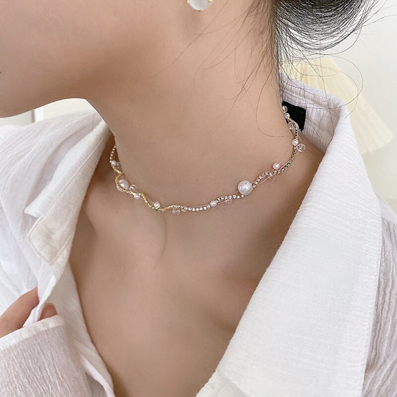 Mengjiqiao 2022 Koreaanse Elegante Parel Kralen Choker Voor Vrouwen Mode Vis Lijn Strass Hanger Ketting Bruiloft Sieraden