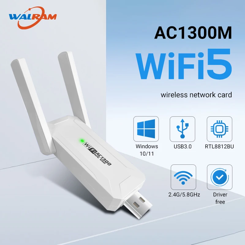 Adaptador usb sem fio walmart 1300 mbps wi-fi 5 dual band 5g 2.4g usb 3.0 bt5.0 com antena wi-fi, placa de rede dongle para windows 10/11 receptor.: Default Title