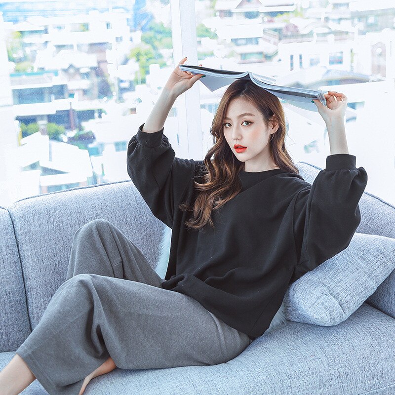 Black Gray 100% Cotton Homewear for Women Loose Home Clothes Female Lounge Wear Spring Home Suit Ladies Cotton Pajamas Set