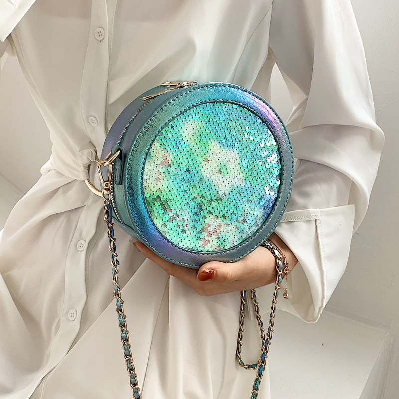 Kleurrijke pailletten ronde witte en blauwe nieuwe dames schoudertas met ketting, handtassen en portemonnees, crossbody mini tas voor dames, bosla tote bag