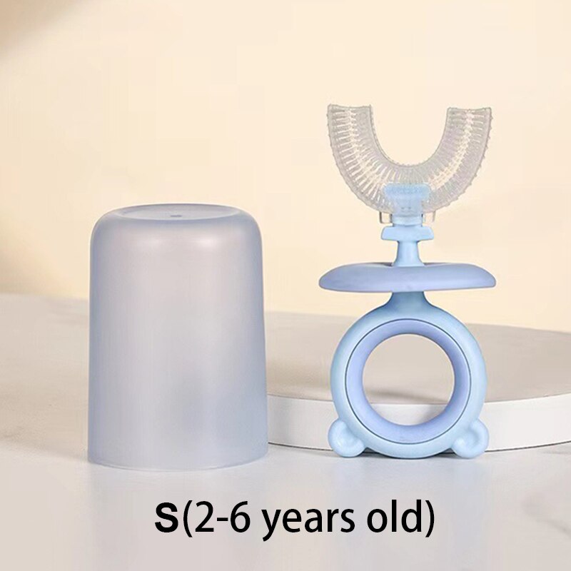 Spazzolino da denti per bambini con tazza spazzola a forma di U in Silicone cura orale spazzolino da denti per bambini senza BPA 360 gradi pulizia dei denti: blue S
