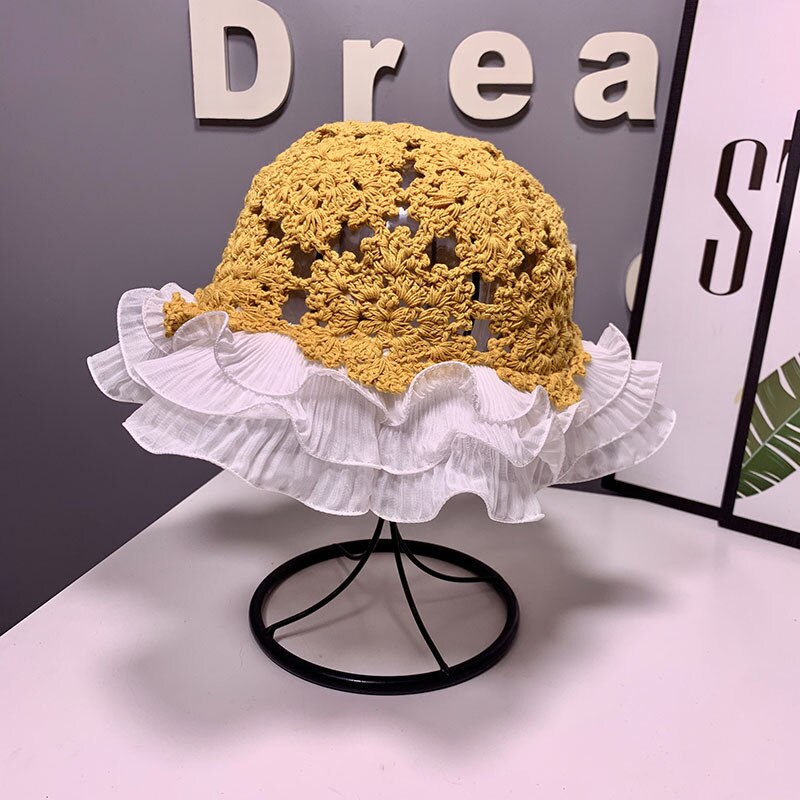 Women Lace Knitted Fisherman Hat Hollow Bucket Hat Crochet Hat Lace Flower Cute Sweet Romantic Sun Hat: yellow
