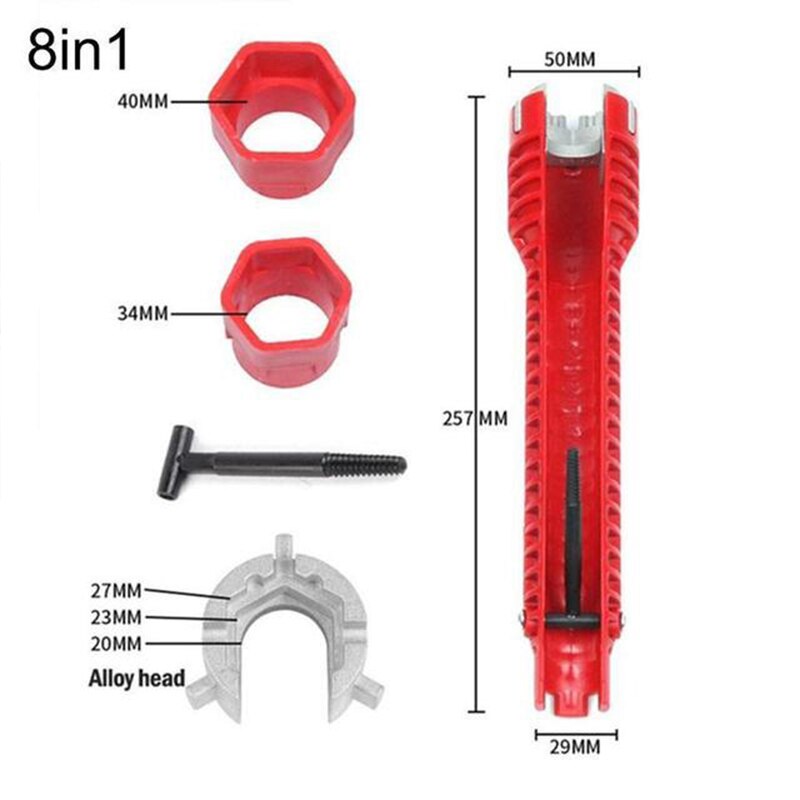 8 In 1 Anti-Slip Multi Sleutel Keuken Reparatie Sanitair Wrench Tool 8 In 1 Goot Magic Wrench Sink kraan Sanitair Gereedschap Magic Wrench: Red 8 in 1
