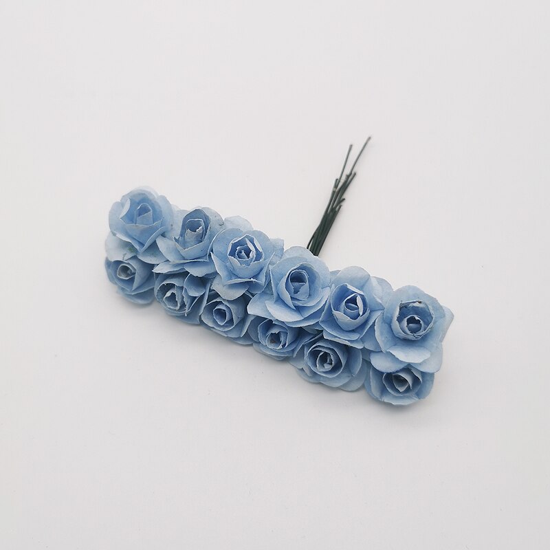 12 stk mini blomsterhode kunstig papir blomster rose brukt til bryllupsfest håndverk dekorasjon 19 farger: Lyse blå