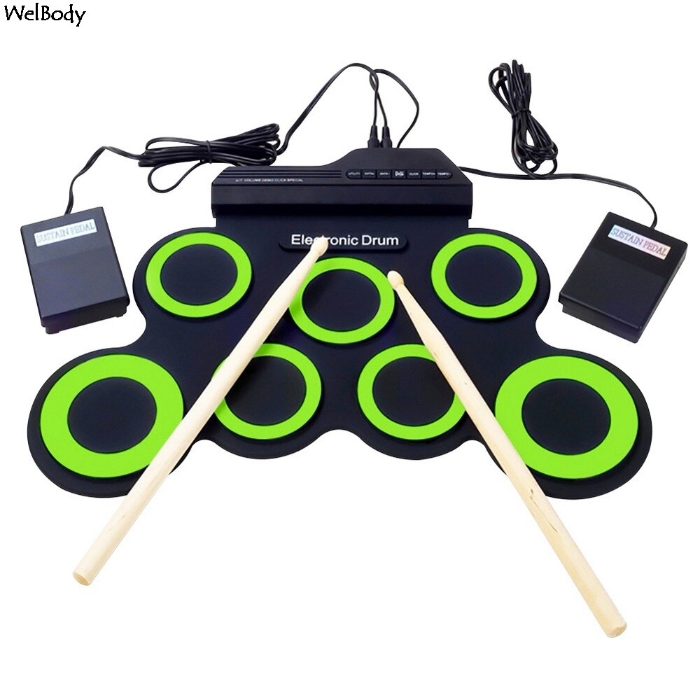 Portable Electronic Drum Digital USB 7 Pads Roll Up Drum Set Silicone Electric Drum Pad Kit With DrumSticks Foot Pedal: Green