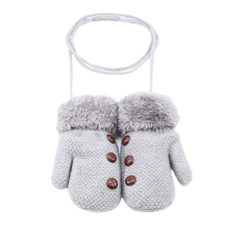 Winter Baby Warmer Gloves Full Finger Kids Mittens Warm Acrylic Rope Gloves Children Knitting Solid Button Mittens: light gray
