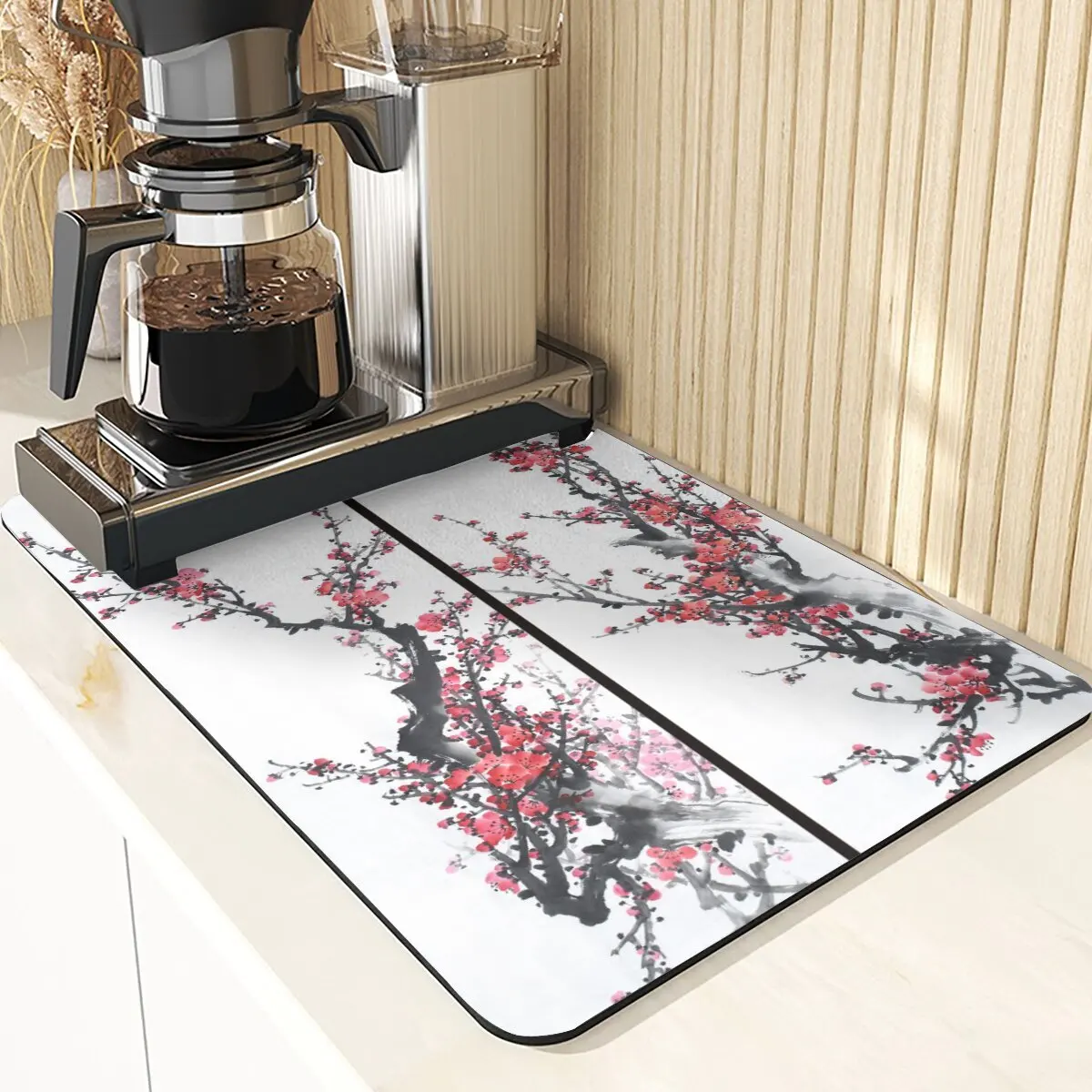 Chinese Stijl Absorberende Droogmat Voor Keuken Placemats Voor Tafel Gootsteen Diatomeeënaarde Mat Plant Patroon Siliconen Afwasmatten: XL / Black