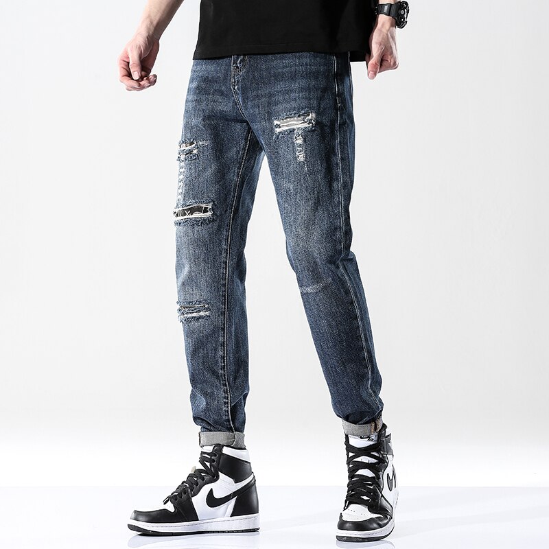 Ripped Jeans For Men Loose Fit 100% Cotton Distressed High Street Moto & Biker Jeans Man Hip Hop Denim Men's Trousers Patchwork