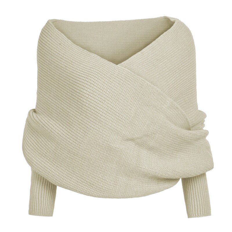 Femmes tricoté pull hauts écharpe avec manchon hiver châle foulards WHShopping: Beige