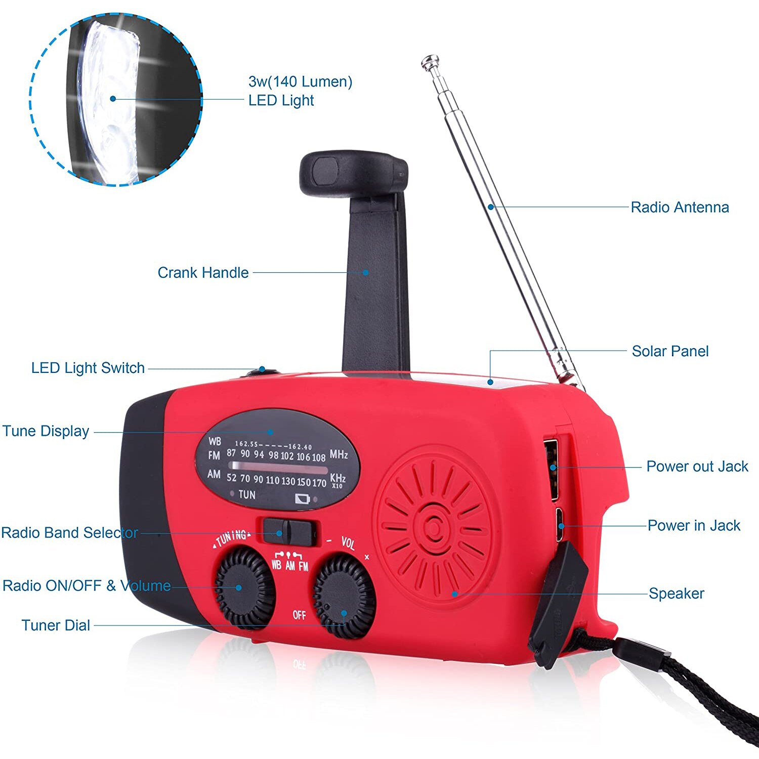 Solar Radio Emergency Radio AM/FM/WB Weather Radio Hand Crank Radio with 3 LED Flashlight 1000 MAh As a Phone Power Bank
