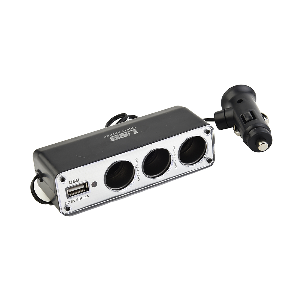 Car Lighter Multi Socket Triple Splitter USB Port Charger Adapter With Lighter Plug For 12V-24V Vehicles