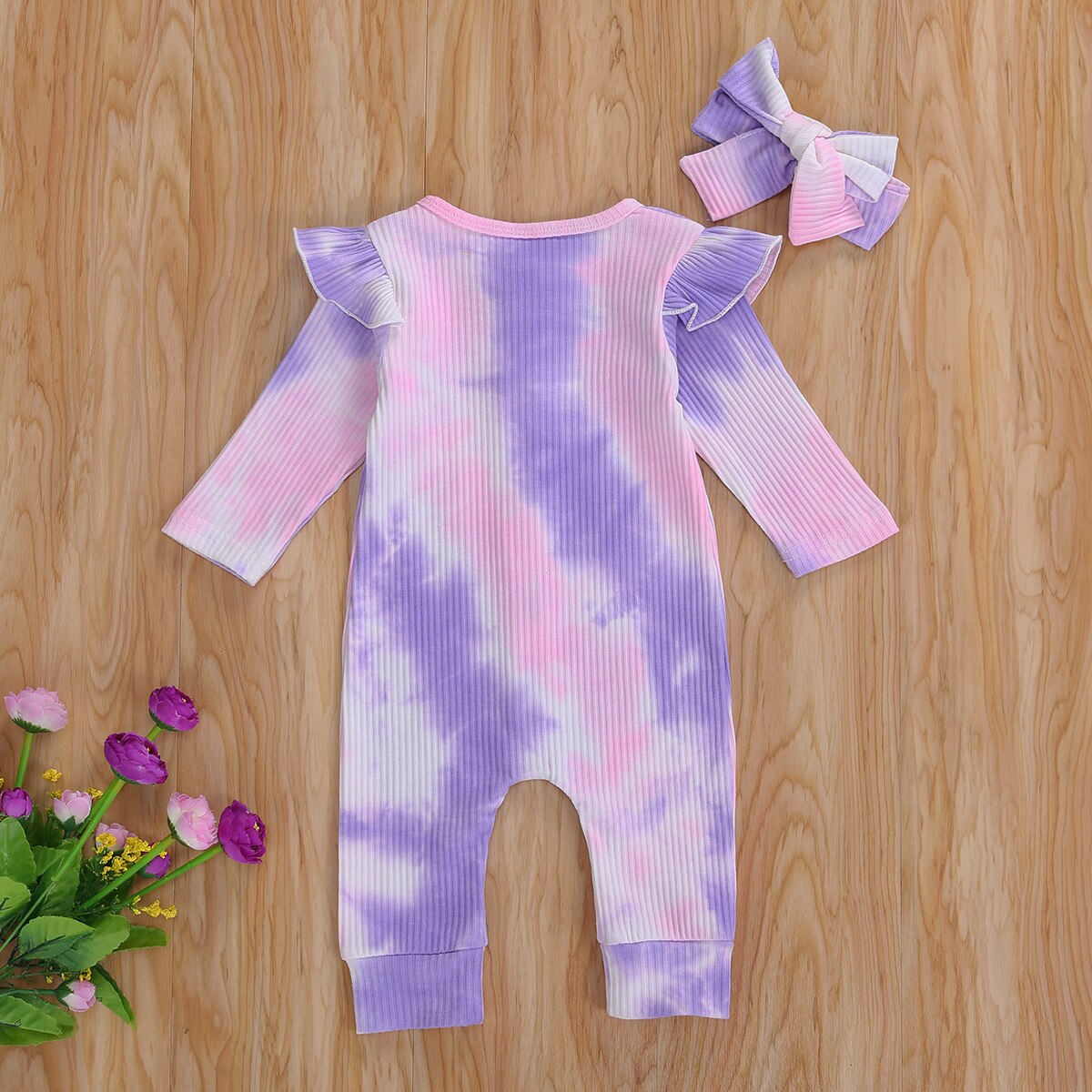 Mise au point 0-18M automne bébé filles garçons cravate-teinture barboteuses 2 couleurs à manches longues simple boutonnage combinaisons bandeau