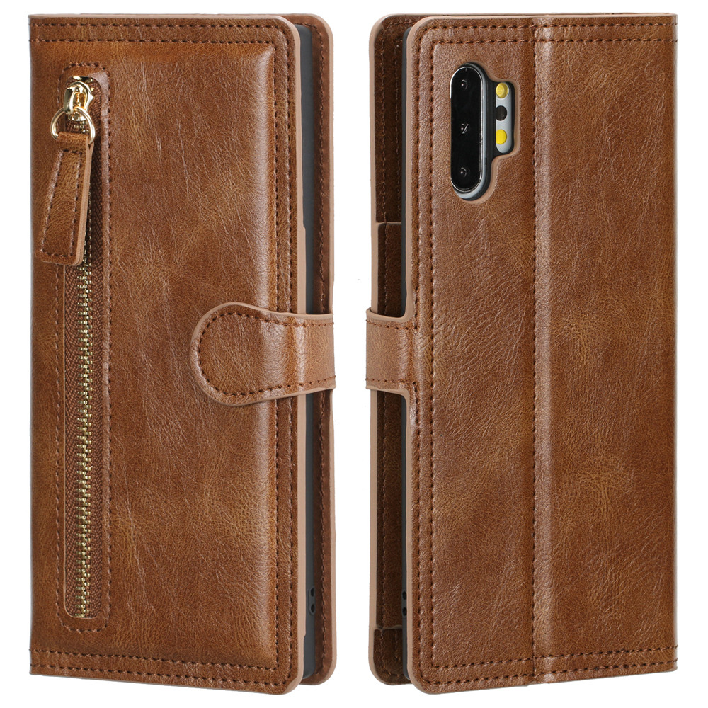 Étui portefeuille en cuir à rabat avec fermeture éclair pour Samsung Galaxy Note 10/S10 Plus, avec porte-cartes: Marron